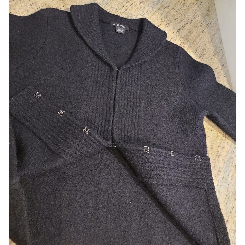 VINTAGE Paraphrase Sweater Women Sz M Wool V Neck Knit Black Collared Ribbed - Picture 9 of 15